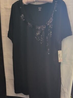 a.n.a Black Short Sleeve Scoop Neck Top with Sequin Trim